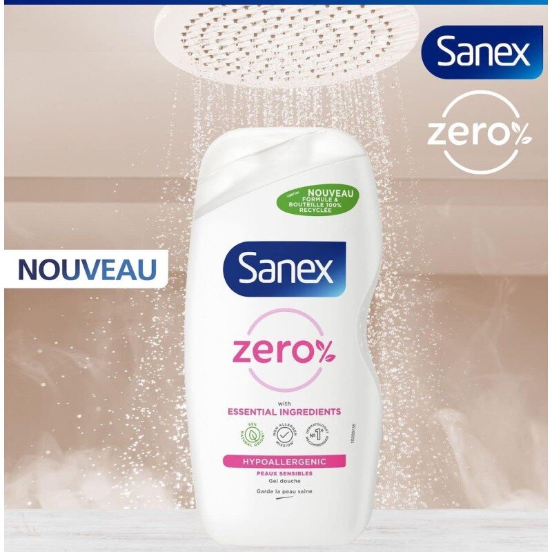 Sanex Gel douche Hypoallergenique Zéro% Pour Peaux Sensibles, Biodégradable et Vegan, 475ml