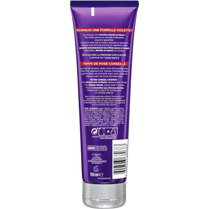 L'Oréal Paris - Masque Violet Démêlant Déjaunisseur - Pour Cheveux Méchés, Blonds ou Blancs - Neutralisation des Reflets Jaunes