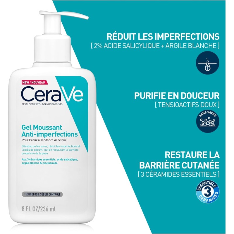 CeraVe Gel Moussant Anti-Imperfections - 236 ML - Nettoyant Visage Purifiant à l’Acide Salicylique - Réduit les boutons et les