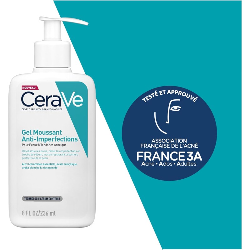 CeraVe Gel Moussant Anti-Imperfections - 236 ML - Nettoyant Visage Purifiant à l’Acide Salicylique - Réduit les boutons et les