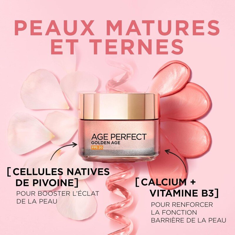 L’Oréal Paris - Age Perfect Golden Age - Soin FPS 20 Rosé Re-Fortifiant - Crème de Jour Anti-Relâchement et Eclat - Enrichi en