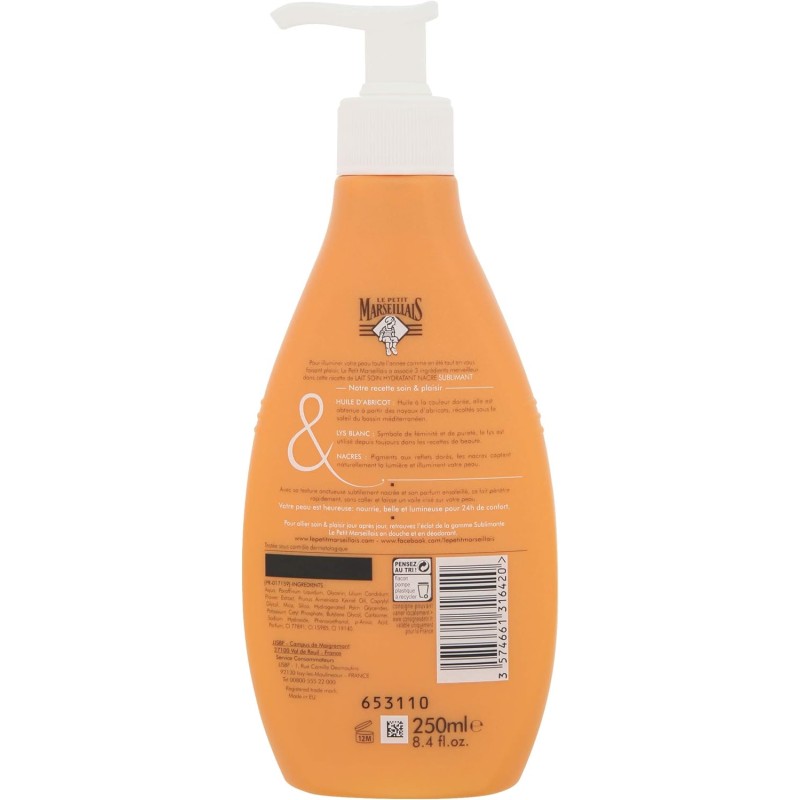 Le Petit Marseillais Lait Corps Hydratant, Sublimant, a l'Huile d'Abricot, Lys Blacn et Nacres, Pour Peaux Très Sèches, 250ml