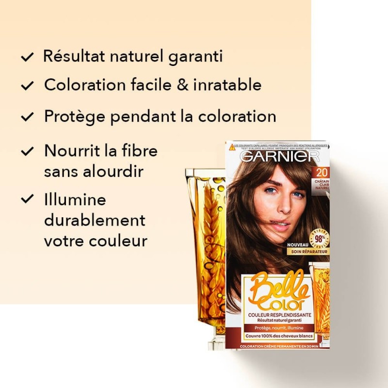 Garnier Belle Color Crème de Coloration Permanente - Cheveux - Huile de Germe de Blé - Châtain Clair Naturel 20