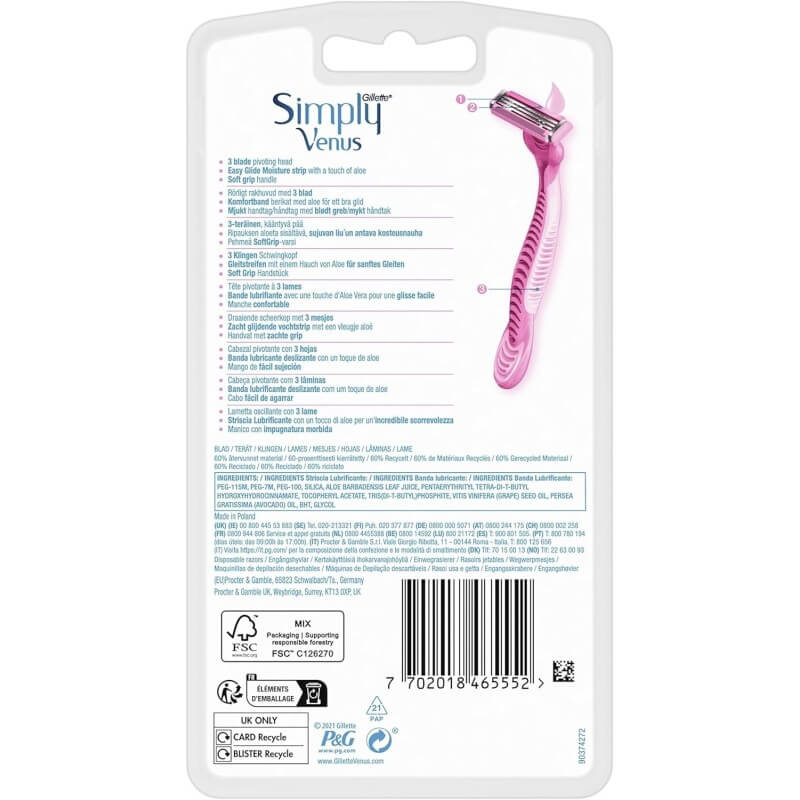 Gillette Venus Simply 3 Disposable Razors For Women - Pack X4