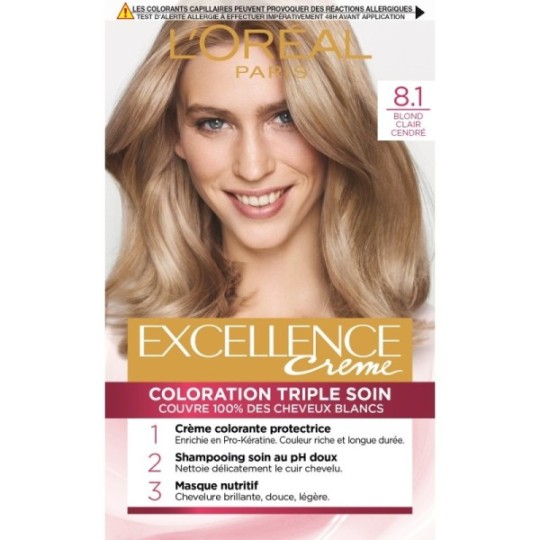 L'Oréal Paris Excellence Crème Coloration Capillaire Permanente - Cheveux Blancs - Blond Clair Cendré 81
