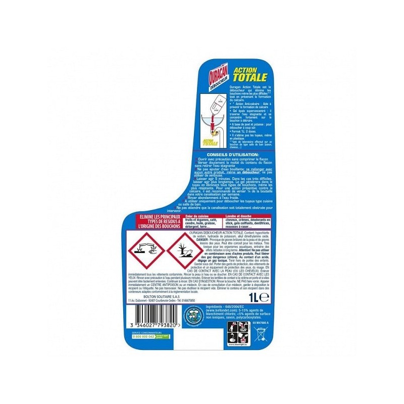 Ouragan Action Totale Drain Cleaner For Tough Blockages + Anti-Limescale - 1l