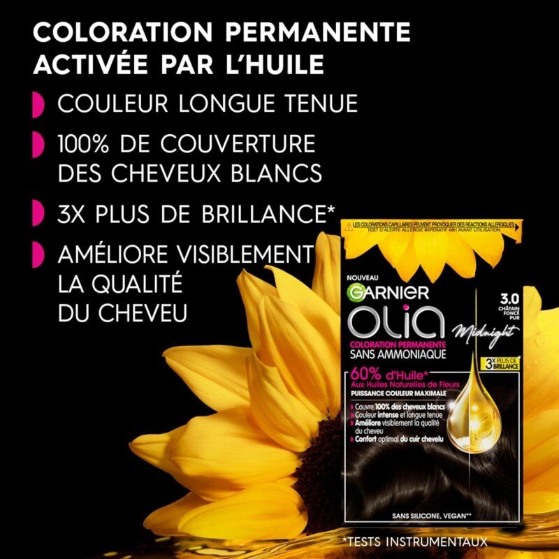 Garnier Olia Coloration Permanente Sans Ammoniaque - Cheveux - 1x Boîte - Châtain Foncé Pur 3.0