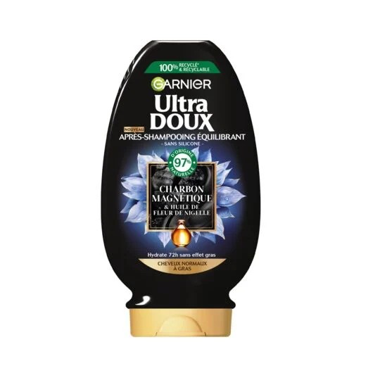Garnier Ultra Doux بلسم بعد الشامبو بالفحم المغناطيسي وزيت زهرة النيجيلا - للشعر العادي إلى الدهني - 200 مل