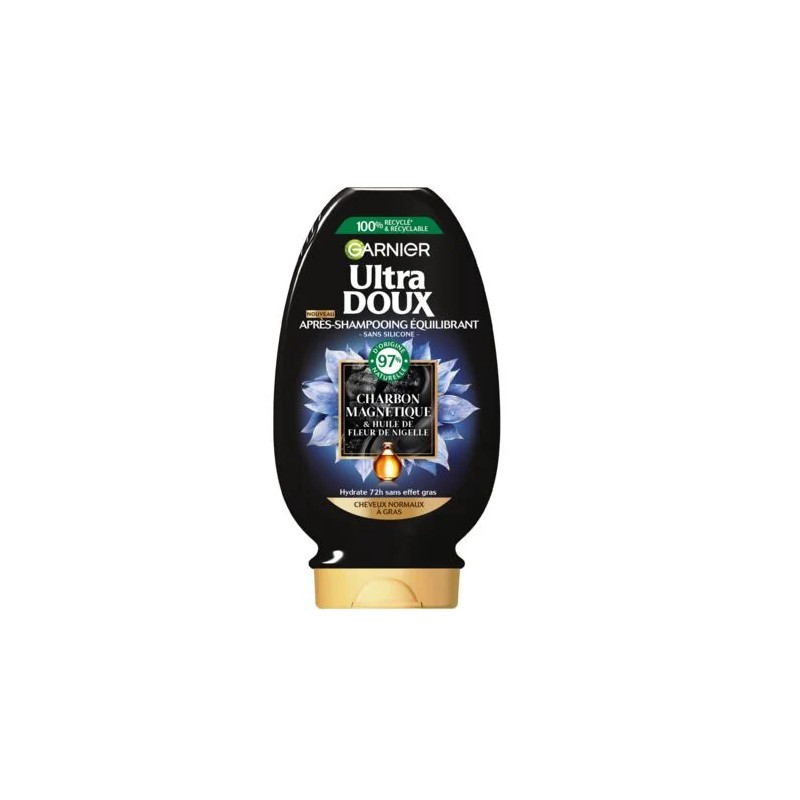 Garnier Ultra Doux Après-Shampoing Charbon Magnétique & Huile de Fleur de Nigelle - Cheveux Normaux à Gras - 200ml