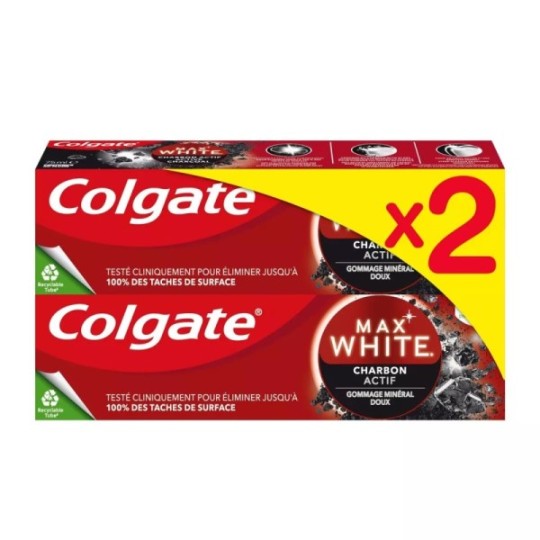 Colgate Max White Dentifrice Blancheur au Charbon Actif - Réduction de la Plaque Dentaire - 2x75ml