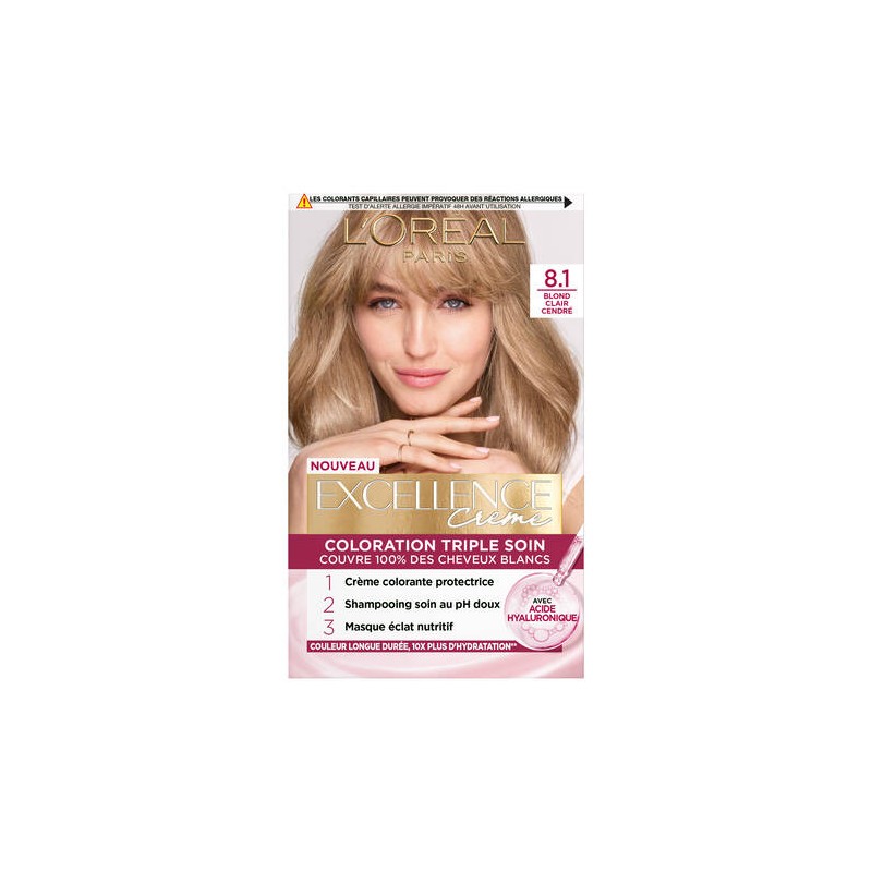 L'Oréal Paris Excellence Crème Coloration Capillaire Permanente - Cheveux Blancs - 81 Blond Clair Cendré