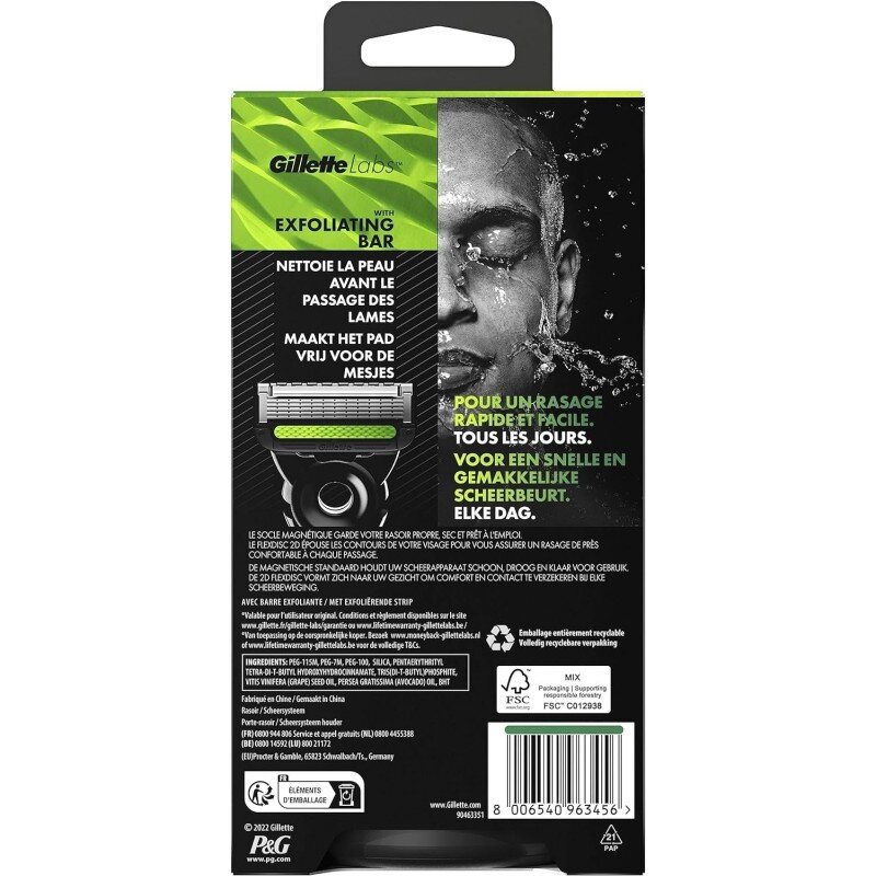 Gillette Labs Rasoir avec Barre Exfoliante - Version Néon - 1 Recharge + Support Magnétique