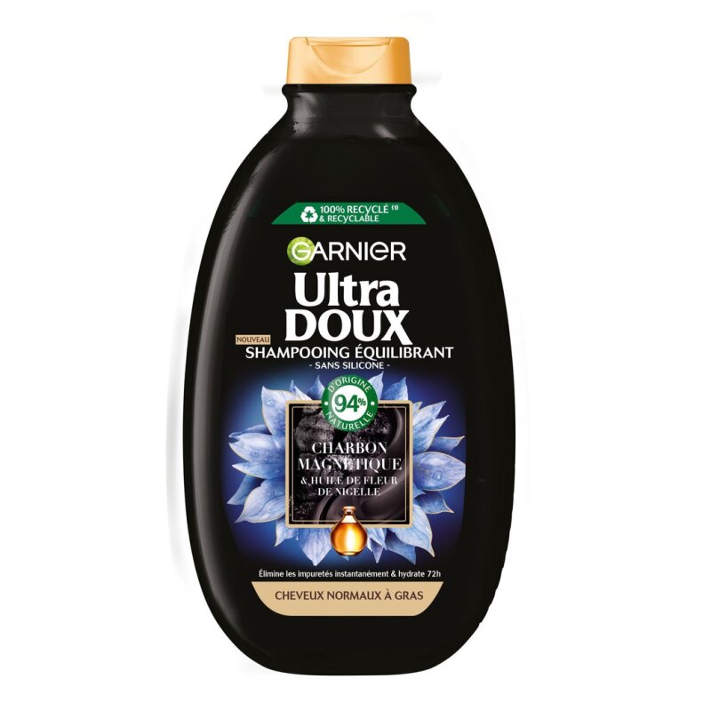 Garnier Ultra Doux Shampooing Équilibrant Charbon Magnétique & Huile de Fleur de Nigelle - Cheveux Normaux à Gras - 600ml