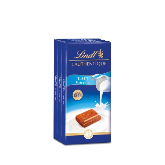 Lindt l'Authentique Tablette de Chocolat Lait Extra Fin - Lot de 3 Tablettes 100g