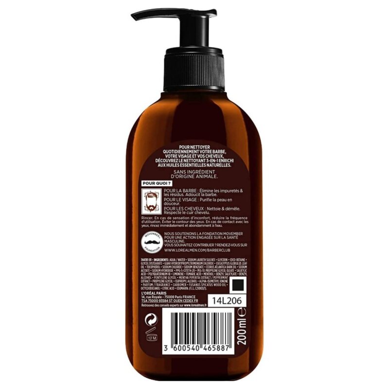 L'Oréal Men Expert Barber Club Gel Nettoyant 3en1 - Barbe, Visage & Cheveux - 200ml