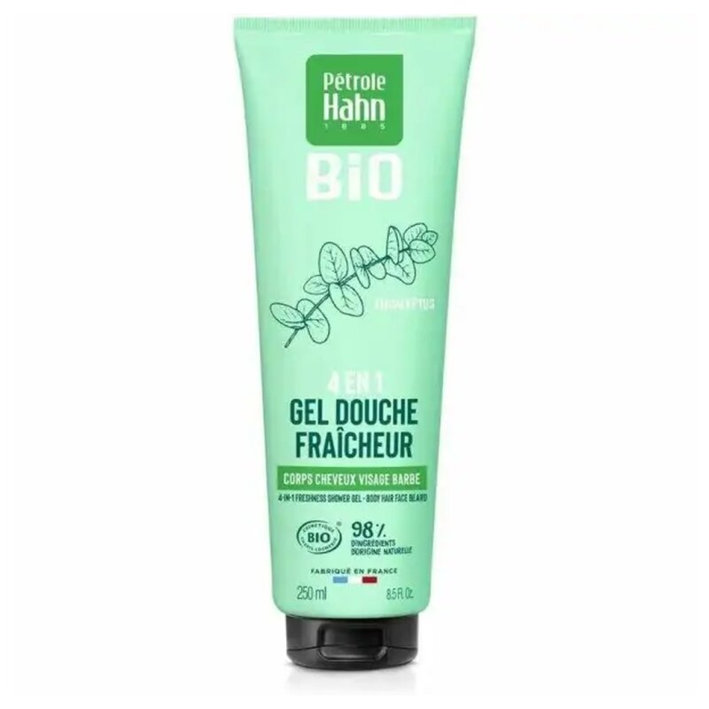 Pétrole Hahn Bio Gel Douche 4en1 Fraîcheur Eucalyptus - Corps, Cheveux, Visage et Barbe - 98% d'Ingrédients Naturels - 250ml