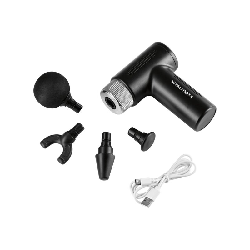 Vitalmaxx Mini Pistolet de Massage - 4 Embouts - 6 Niveaux de Puissance - Batterie 90 Min