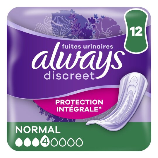 Always Discreet Serviettes Hygiéniques Fuites Urinaires - Protection Intégrale - Normal - Pack de 12 Serviettes