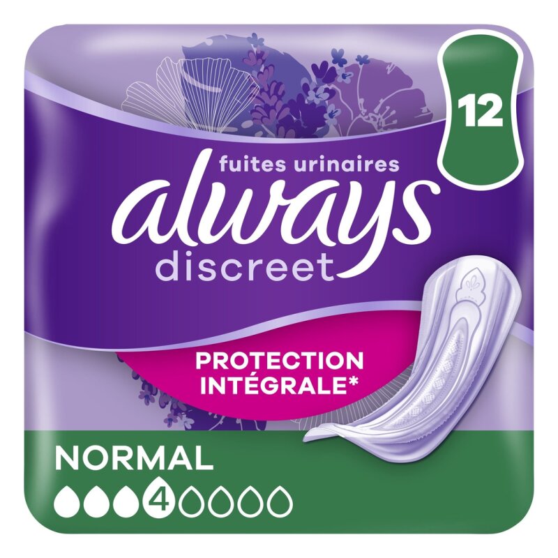 Always Discreet Serviettes Hygiéniques Fuites Urinaires - Protection Intégrale - Normal - Pack de 12 Serviettes