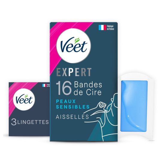 Veet Expert Bandes de Cire Aisselles - Peaux Sensibles - 16 Bandes + 3 Lingettes