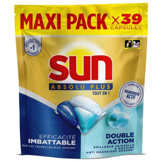 Sun Absolu Plus Capsules Lave-Vaisselle Tout en 1 Bicarbonate Actif - Pack de 39 Capsules