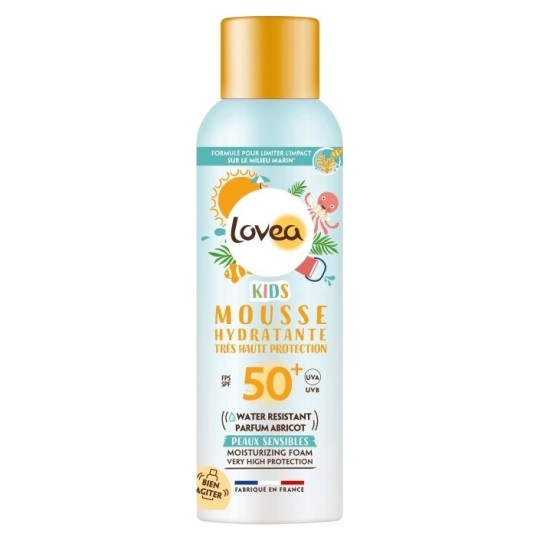 Lovea Kids Crème Solaire Mousse Corps - Très Haute Protection Spf 50+ - Résistant à l'Eau - Parfum Abricot - 150ml