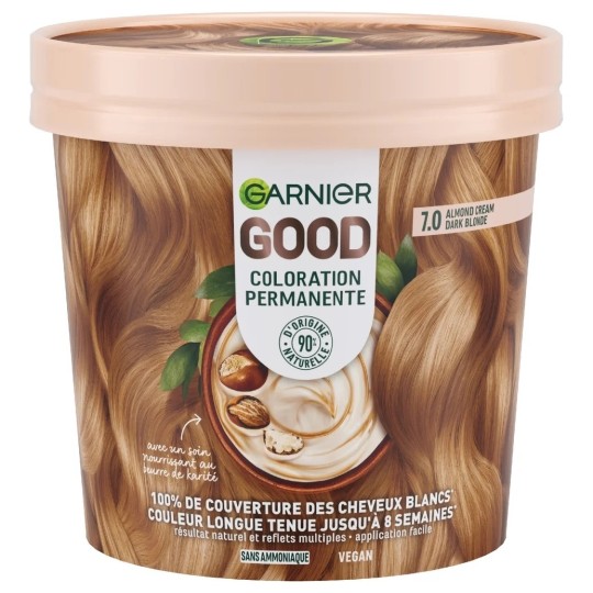 Garnier Good صبغة شعر دائمة - 7.0 أشقر غامق لوز - خالية من الأمونيا - 90% من أصل طبيعي