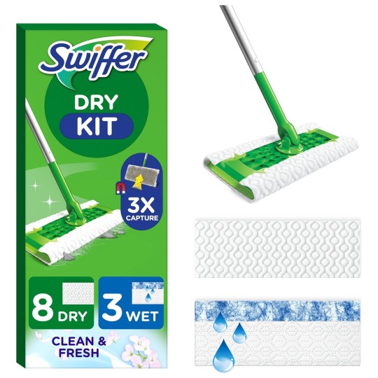 Swiffer Dry Kit de Démarrage Balai Nettoyage pour Sols - 1 Balai + 8 Lingettes Sèches + 3 Lingettes Humides