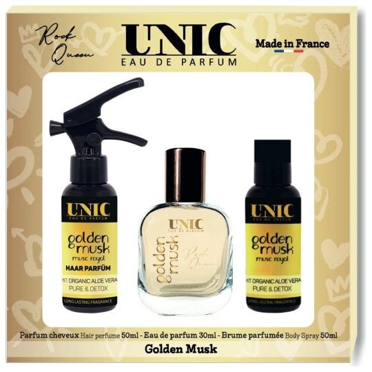 Unic Perfume Set For Women - Golden Musk - Eau de Toilette 30ml + Hair Perfume 50ml + Body Spray 50ml