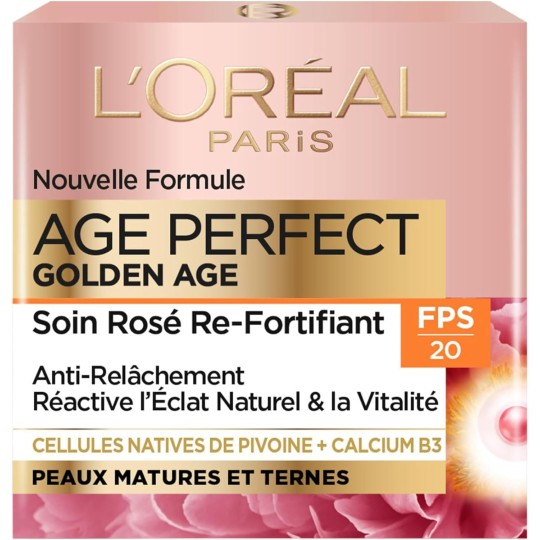 L’Oréal Paris - Age Perfect Golden Age - Soin FPS 20 Rosé Re-Fortifiant - Crème de Jour Anti-Relâchement et Eclat - Enrichi en