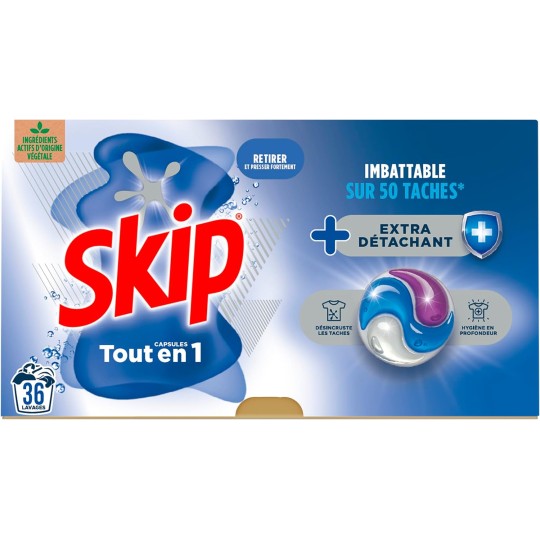 Skip Lessive Liquide en Capsules Extra Détachant Tout en 1 x36, Imbattable sur 50 Taches - 36 Pastilles