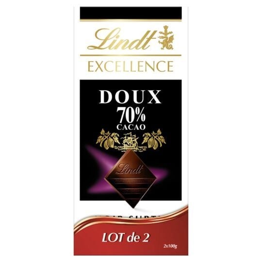 Lindt Chocolat Noir 70% de Cacao Doux 2 Tablettes (2x100g) 200g