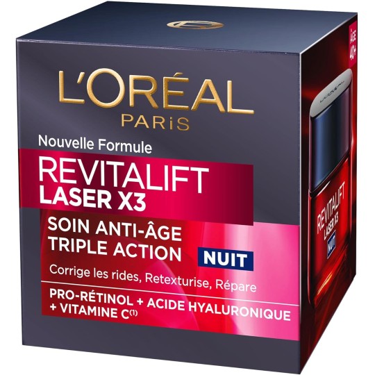 L'Oréal Paris - Crème Masque Nuit Triple Action Anti-Âge - Anti-Rides & Multi-Correction - Enrichi au Pro-Rétinol, à l'Acide