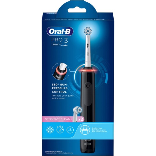 Oral-B Pro 3 3000 Brosse à Dents Éléctrique Sensitive Clean (2 Recharges) Noir et Blanc