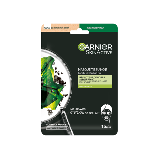 Garnier Skinactive Masque Tissu Visage - Peau à Pores Visibles - Charbon Végétal - 28g