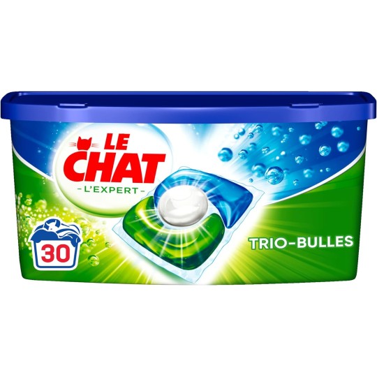 Le Chat Trio-Bulles L'Expert – Lessive en Capsules – 30 Lavages (30 doses) – Blanc et Couleurs – 3en1