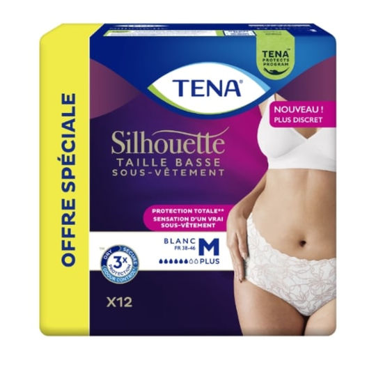 TENA Silhouette سراويل داخلية للسلس البولي - حماية كاملة - المقاس M - أبيض - عبوة 12