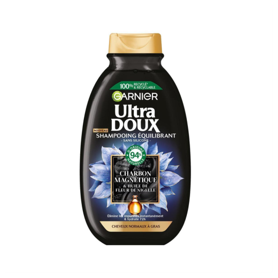 Garnier Ultra Doux Shampoing Hydratant et Équilibrant au Charbon Magnétique Fleur de Nigelle - Cheveux Normaux à Gras - 250ml