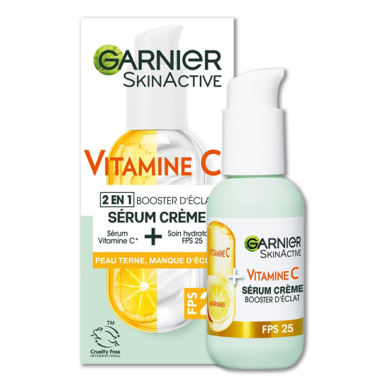 Garnier Skinactive Crème 2 en 1 Sérum-Booster d'Éclat Vit C + Fps25 - Peau Terne Sèche - 50ml