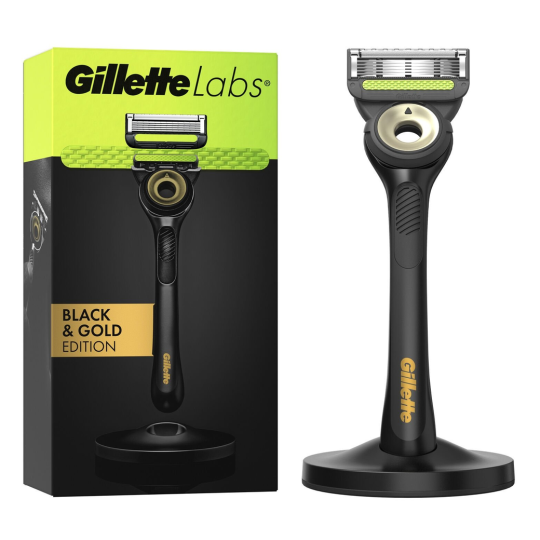 جيلت لابس إصدار بلاك آند جولد ماكينة حلاقة للرجال - 1 مقبض + 1 شفرة إضافية - مع حامل مغناطيسي