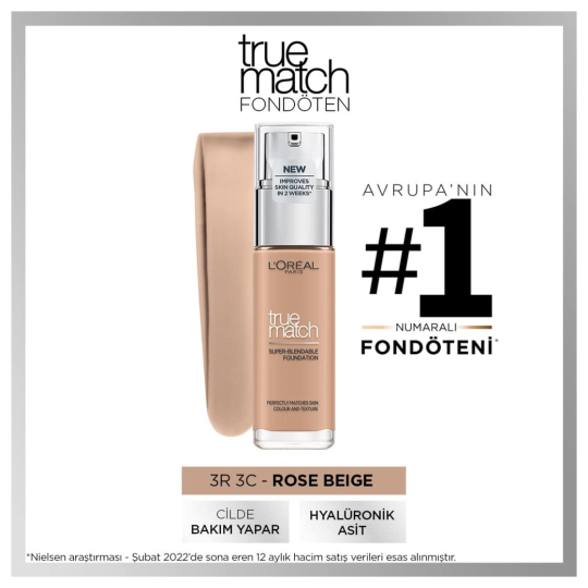 L'Oréal Paris True Match Fond de Teint Liquide - Hyaluronic Acid - 30ml - Rose Beige 3r/3.c